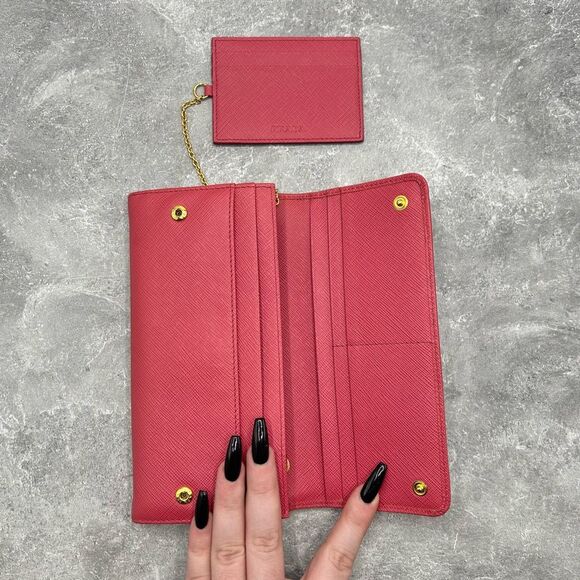 Prada Saffiano Leather Bow Continental Wallet Pink With ID Holder Bifold - Picture 7 of 16